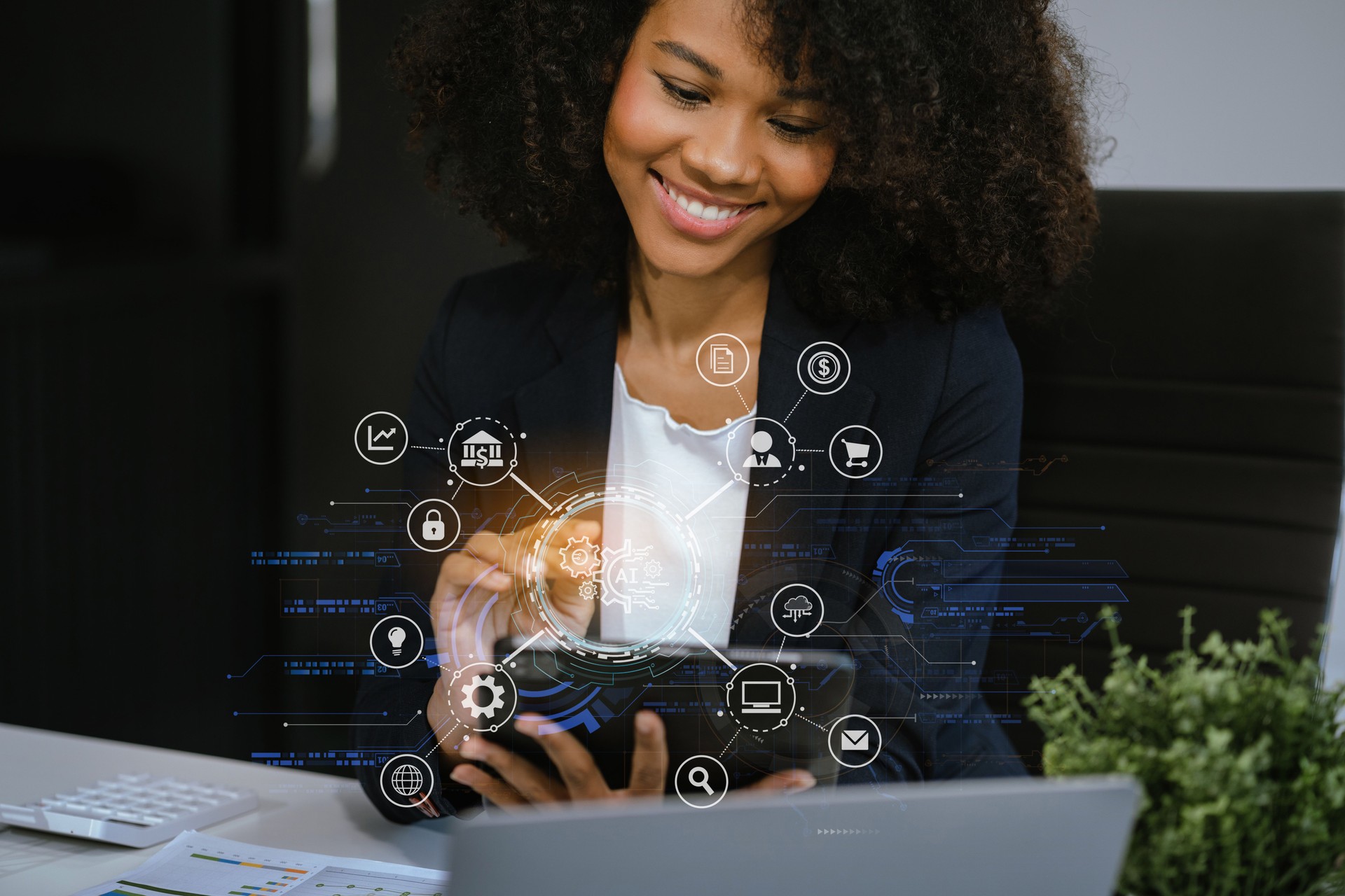 Digital transformation technology strategy, Person using laptop, tablet and smartphone with of things. transformation of ideas and the adoption.